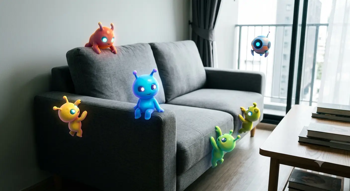 meta-quest-3-first-encounters-mixed-realit เกม First Encounters บน Meta Quest 3 แสดงผล Mixed Reality เอเลี่ยนโต้ตอบกับโซฟาในบ้าน