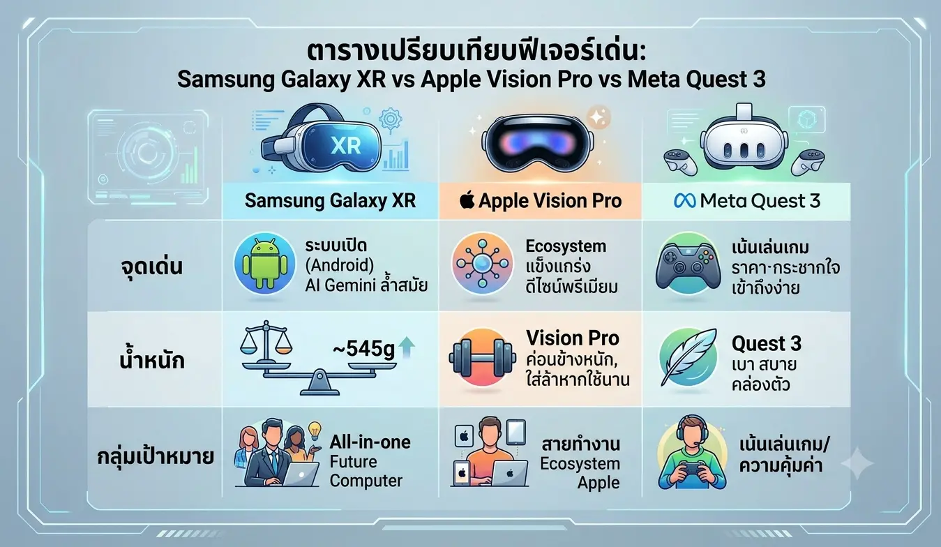 samsung-galaxy-xr-vs-apple-vision-pro-meta-quest-3.png ตารางเปรียบเทียบฟีเจอร์เด่นสเปกและน้ำหนักระหว่าง Samsung Galaxy XR, Apple Vision Pro และ Meta Quest 3