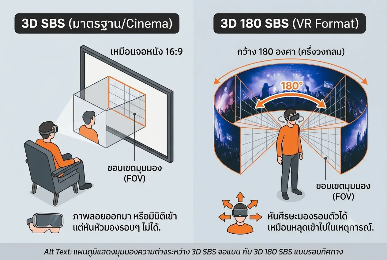3d-sbs-vs-3d-180-sbs-fov-comparison แผนภูมิแสดงมุมมองความต่างระหว่าง 3D SBS จอแบน กับ 3D 180 SBS แบบรอบทิศทาง