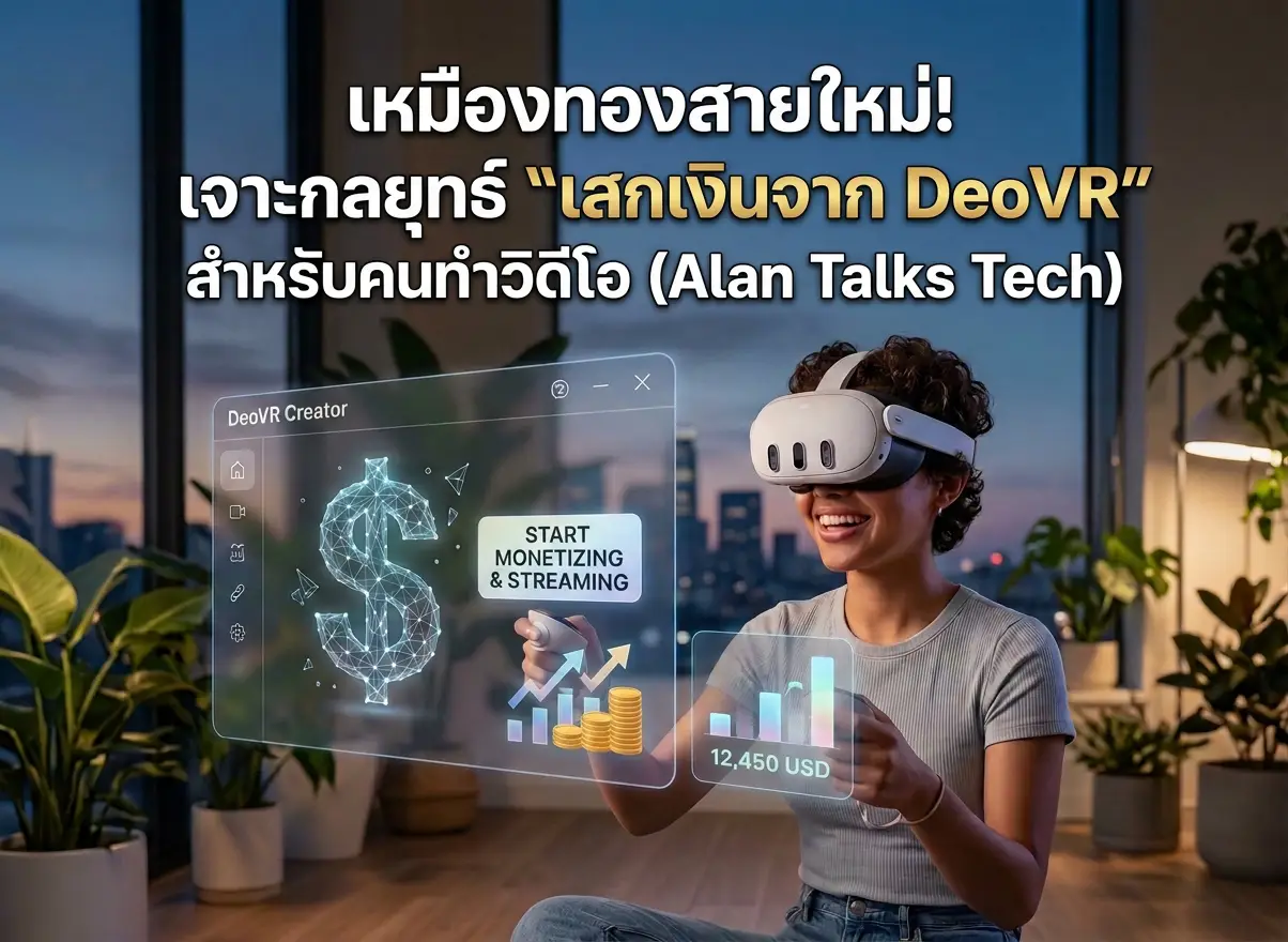 รูปภาพปกบทความ เจาะกลยุทธ์ "เสกเงินจาก DeoVR" สำหรับคนทำวิดีโอ โดย Alan Talks Tech แสดงภาพผู้หญิงสวมแว่น VR กำลังใช้งานเครื่องมือสร้างรายได้บนหน้าจอโฮโลแกรม